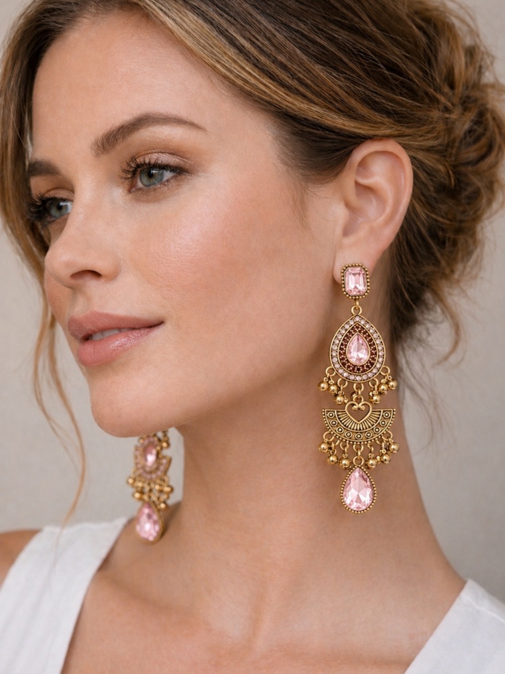 Vintage Style Gold Tone Chandelier Earrings Pink Crystal Teardrop Boho Style